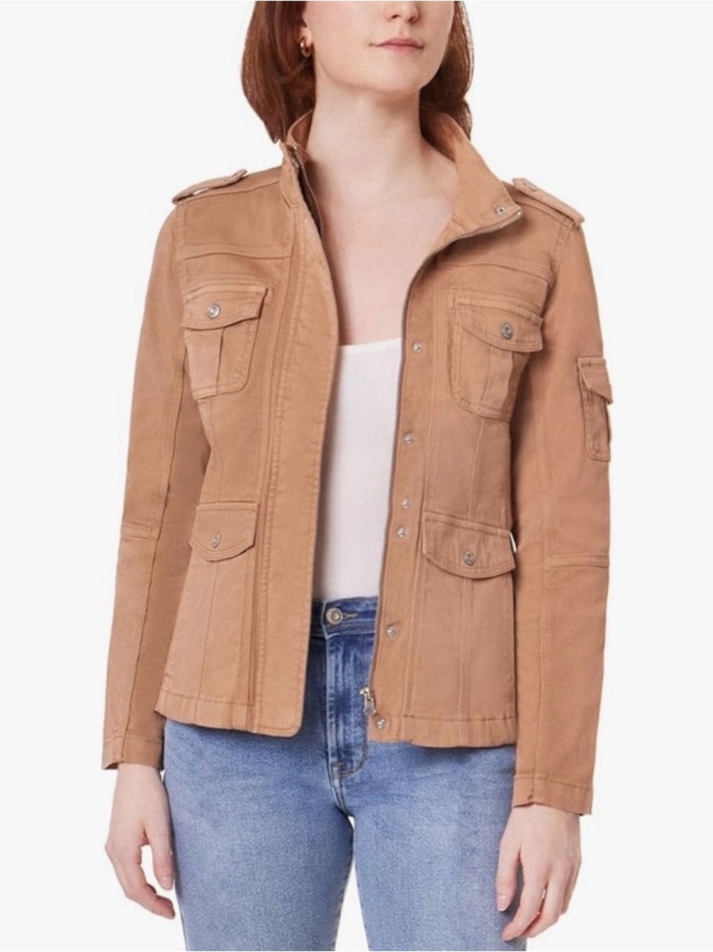 Kensie Camel Khaki Utility Jacket with Multiple Pockets